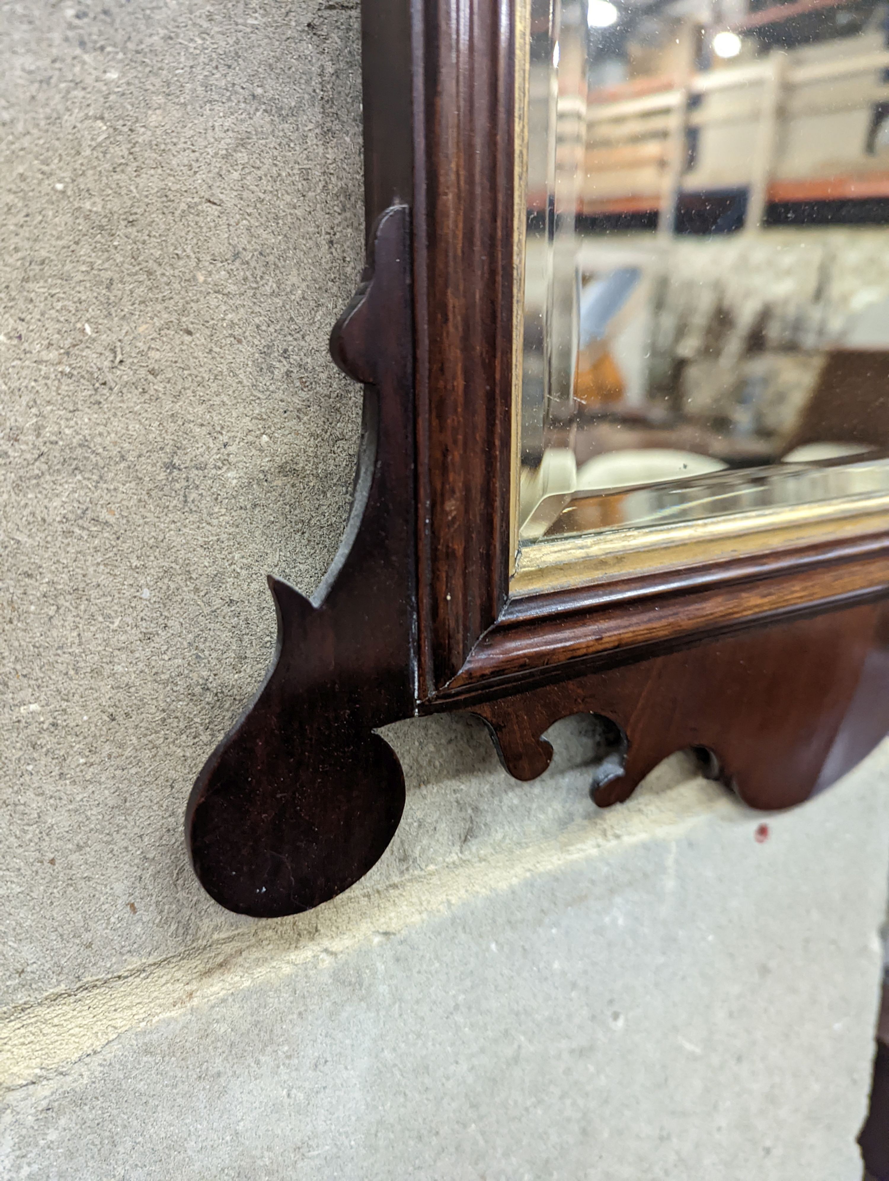 A George III mahogany fret frame wall mirror, height 63cm, width 39cm